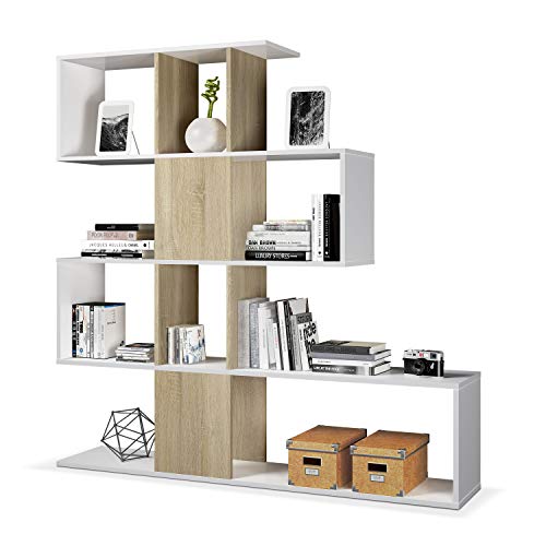 Habitdesign 1F2251A - Estantería librería Zig Zag, estantería Comedor, Salon o despacho, Modelo Zig Zag, Medidas: 145 x 145 x 29 cm de Fondo (Blanco Artik y Roble Canadian)