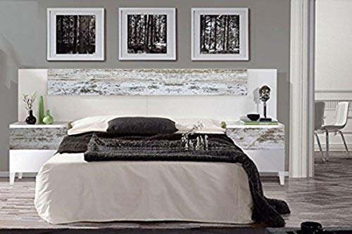 HOGAR24 Cabezal Cama de Matrimonio + 2 mesitas de Noche Estilo Vintage, Color Blanco Brillo y decapé HOGAR24 Cabezal Cama de Matrimonio + 2 mesitas de Noche Estilo Vintage, Color Blanco Brillo y decapé