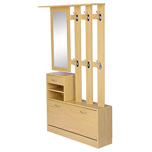 HOMCOM Conjunto de Muebles de Entrada Recibidor Pasillo Set de 3 Piezas Perchero Espejo Zapatero con Cajón 90x22x116cm Madera Marrón