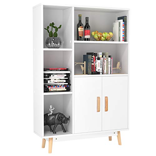 Homfa Estantería de Pared Librería del salón para Libros Juguetes CDs 2 Puertas 5 compartimientos Blanco 80 * 23.5 * 119m