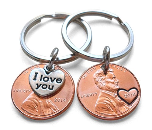 JewelryEveryday Juego de llaveros de un centavo de Estados Unidos de 2014, regalo de aniversario de 5 años, llavero para parejas