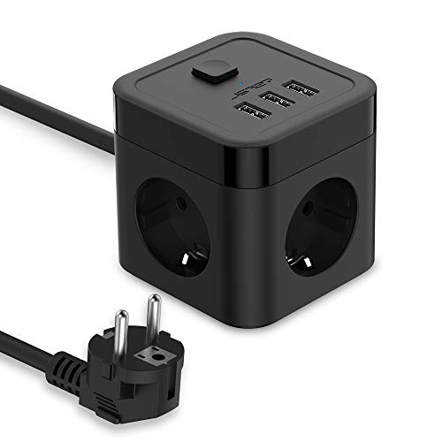 JSVER Cube Regleta Enchufe con USB de 3 Tomas con 3 USB Puertos Alargadera Electrica Protección Contra Sobretensiones para el hogar, la oficina y los ViajesCable 1.5 m Negro