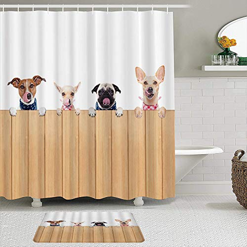 Juego de cortinas y tapetes de ducha de tela,Amante de los perros Los perros lindos de la fila están detrás de la vall,cortinas de baño repelentes al agua con 12 ganchos, alfombras antideslizantes