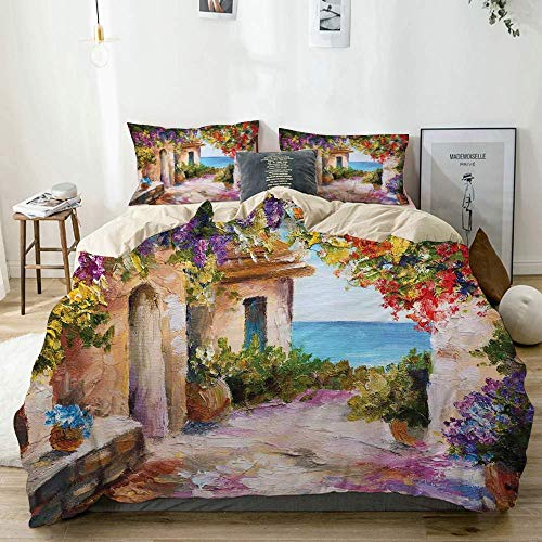 Juego de fundas nórdicas Beige, antiguo pueblo antiguo con coloridas plantas y casas de flores Puerta griega, juego de cama decorativo de 3 piezas King Size con 2 fundas de almohada Cuidado fácil Anti