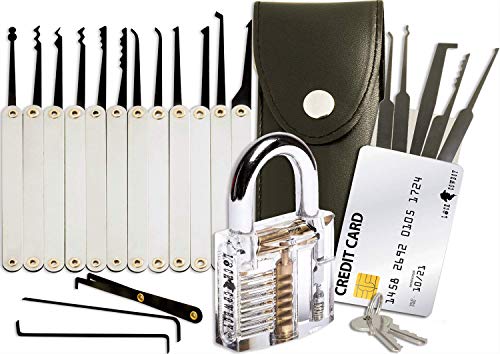 Juego de ganzúas con 20 piezas - Incluye candado transparente y tarjeta de crédito con herramientas de Lock Cowboy - Guía para principiantes y cerrajeros Juego de ganzúas con 20 piezas - Incluye candado transparente y tarjeta de crédito con herramientas de Lock Cowboy - Guía para principiantes y cerrajeros