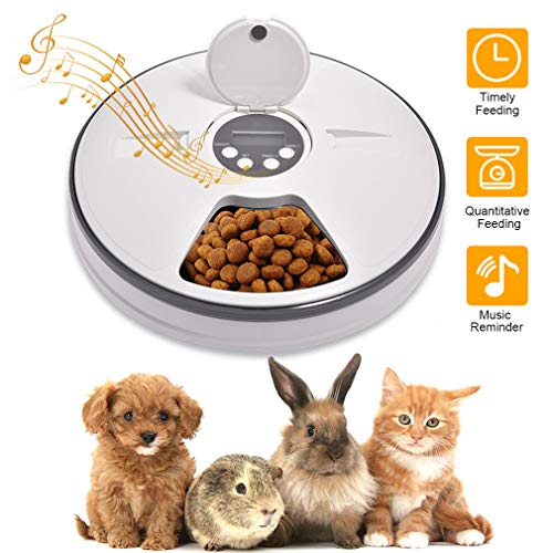 Lacyie Comedero Automático para Perros y Gatos, Dispensador de Comida automático con Temporizador, 6 * 128ml dispensador de Alimentos Secos y húmedos para Perros, Gatos, Conejos y Mascotas Pequeñas