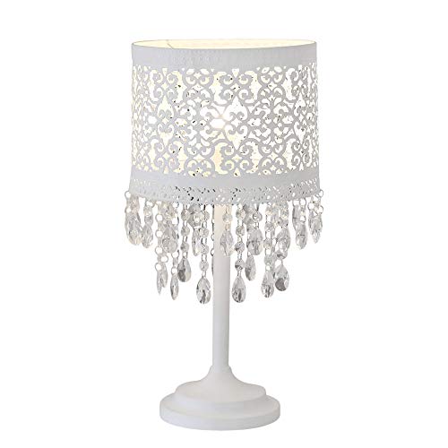 Lámpara de mesa Marrakech, color blanco de metal con diseño oriental y cristales, soporte de lámpara, pantalla de lámpara