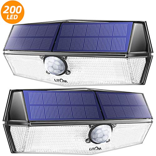 LITOM 200 Leds Luz Solar de Exterior, Impermeable IP67, Lampara Solar de 3-8M Detección, 270° Ángulo de Iluminación, PIR Sensor de Movimiento,Fácil de Instalar