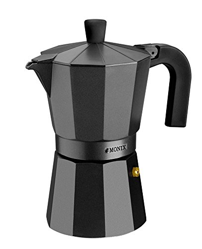 Monix Vitro Noir – Cafetera Italiana de aluminio, capacidad 6 tazas, apta para todo tipo de cocinas salvo inducción 18 x 15 x 12.5 cm