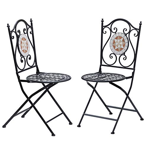 Outsunny Set de 2 Sillas Plegables de Jardín Bistro Silla Asiento Mosaico para Terraza Balcón Acero Carga 120kg