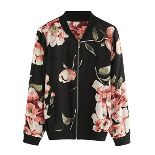 Overdose OtoñO Nueva Blusa Mujeres Moda Floral Gasa con Cremallera Bomber Jacket Outwear Coat (XL, Negro)