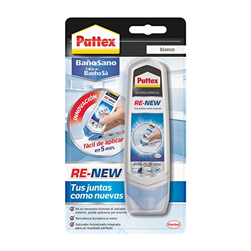 Pattex Baño Sano Re-New, Silicona Blanca para Cocina y Baño, Silicona Antimoho Fácil de Aplicar, Sellador de Juntas Impermeable y Resistente Al Moho, 1x100 ml