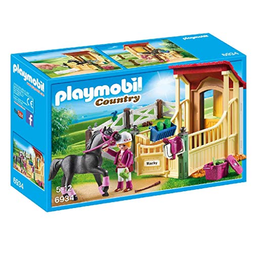 PLAYMOBIL Country Caballo Árabe con Establo, Caballo Negro y detalles Morados, A partir de 5 años (6934)