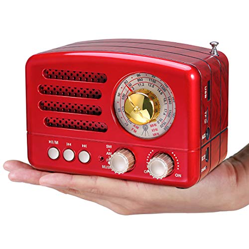 PRUNUS Radio Transistor FM Am SW SD USB MP3 Bluetooth de Formato de Madera Retro-Clásico, con Altavoz, función AUX, Sintonizador Circular de 270º y indicador de sintonía(Rojo)