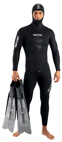 SEAC Royal Traje en Neopreno de 7 mm para apnea y Pesca submarina, Mono con Tirantes y Chaqueta con Capucha, Adultos Unisex, Negro, L