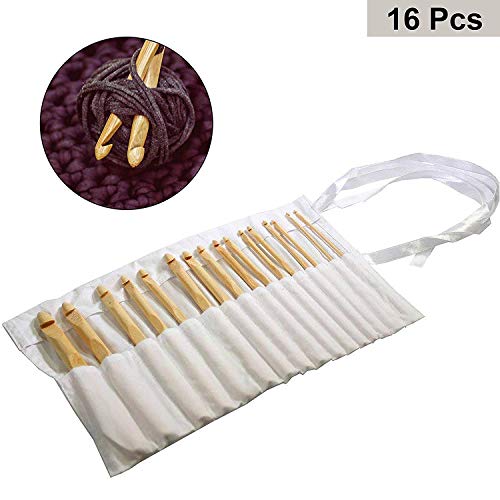 Set 16 Piezas Bambú Agujas de Ganchillo - Kit de Agujas en Bolsa de Algodón - Ideal para Ganchillo, Encaje, Blondas y Proyectos Florales - El Mejor Set Para Principiantes y Profesionales