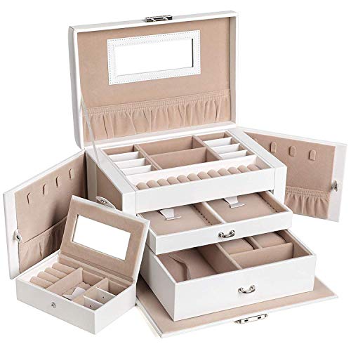 SONGMICS Caja Joyero con Espejo y Cajones, Caja para Joyas, para Pendientes, Pulseras, Anillos, Almacenamiento y Expositor, Organizador Joyero con Cerradura, Blanco JBC121W