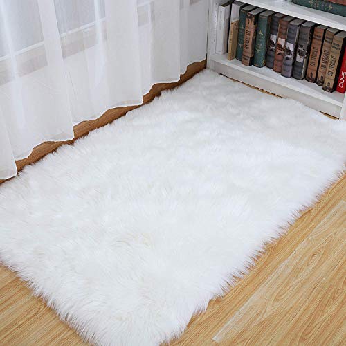 SXYHKJ Alfombra de imitación de Piel de Cordero, Artificial Alfombra, excelente Piel sintética de Calidad Alfombra de Lana ，Adecuado para salón Dormitorio baño sofá Silla cojín (Blanco, 60_x_90_cm)