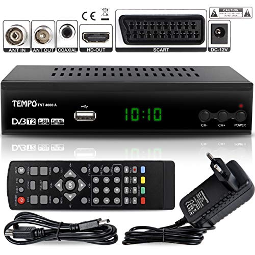 Tempo 4000 Decodificador Digital Terrestre – DVB T2 / HDMI Full HD / Canales Sintonizador / Receptor TV / PVR / H.265 HEVC / USB / Decoder / DVB-T2 / TNT / TDT Television / 4K