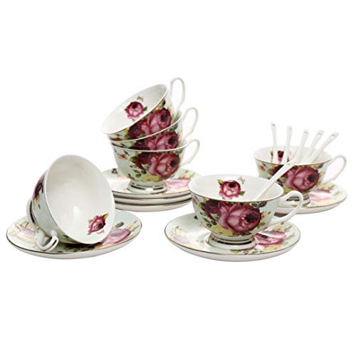 ufengke 7oz Juego de Tazas de Café Flora,Tazas de Porcelana Capuchino con Platillos y Cuchara,Conjunto de 6,Taza de Té de Cerámica y Juego de Platillo,Rojo