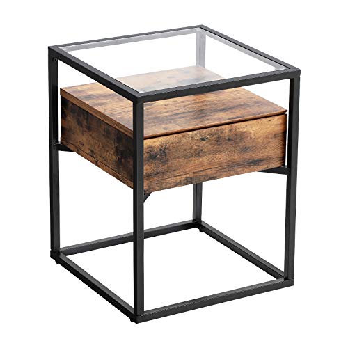 VASAGLE Mesa Auxiliar de Estilo Industrial, Mesa de Consola de Cristal Templado con Cajón y Repisa Rústica, Mesita de Noche, Decoración en el Salón, Marco de Hierro Estable LET04BX