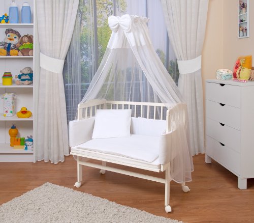 WALDIN Cuna colecho para bebé con equipamiento completo, lacado en blanco, 14 modelos a elegir a elegir,color textil blanco
