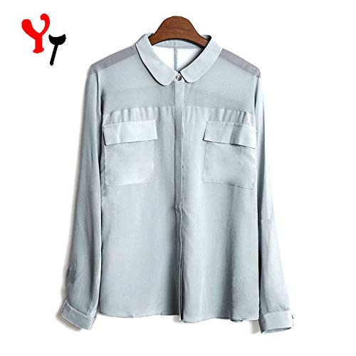 @Y.T Camisa de Manga Larga para Mujer Camisa de Seda de Color Liso Temperamento de Seda Femenino Blusa para Mujer,Blue,M