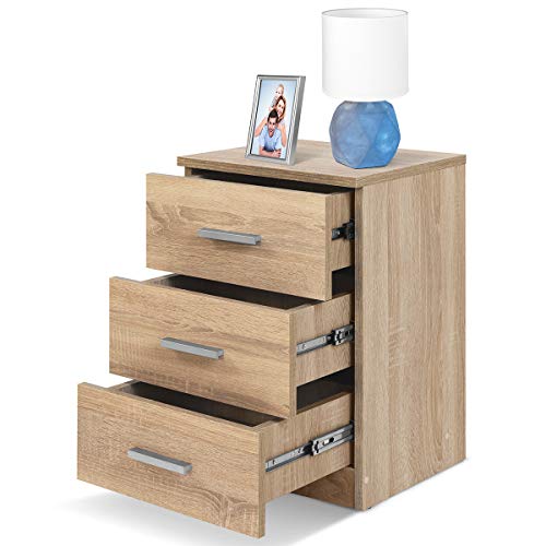COMIFORT Mesa de Noche - Mesita Auxiliar para el Dormitorio de Estilo Nórdico, Moderna y Minimalista, con 3 Espaciosos Cajones, Muy Resistente, de Color Roble COMIFORT Mesa de Noche - Mesita Auxiliar para el Dormitorio de Estilo Nórdico, Moderna y Minimalista, con 3 Espaciosos Cajones, Muy Resistente, de Color Roble