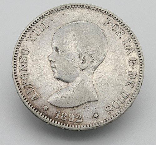 Desconocido Moneda de 5 Pesetas de Plata del Año 1892 Durante La Epoca de Alfonso XIII. Moneda Coleccionable. Moneda Antigua.