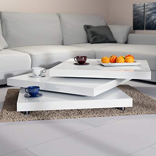 Deuba Mesa de Centro Moderna Blanca Mesa de Cafe lacada mesita 60 x 60 cm bandejas giratorias 360° Comedor salón Oficina