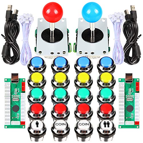 EG STARTS 2 jugadores Classic Arcade Contest DIY Kits USB Encoder to PC 5 Pin Joystick + Chrome LED iluminado Pulsador 1 y 2 jugadores Botones de monedas para Arcade Mame Raspberry Pi 2 3 3B Games