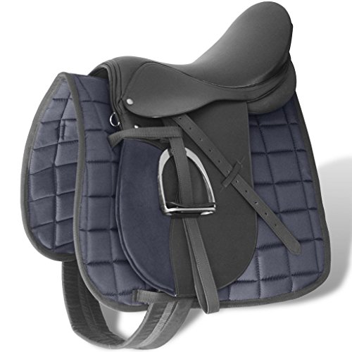 Festnight Set de Montura de Caballo de 17.5 inch y Cuero Negro 12 cm 5 en 1