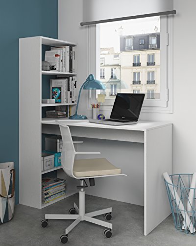 Habitdesign 008314A - Escritorio y estantería reversible, mesa de oficina o estudio acabada en color Blanco, 144 x 120 x 53 cm