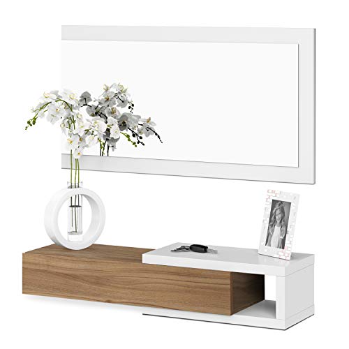 Habitdesign 0N6743A - Recibidor con cajón + Espejo, Medidas 19 x 95 x 26 cm de Fondo (Blanco Artik y Nogal)
