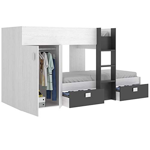 HABITMOBEL Cama Litera Juvenil con 2 cajones y 1 Armario Acabado Artic y Gris Grafito HABITMOBEL Cama Litera Juvenil con 2 cajones y 1 Armario Acabado Artic y Gris Grafito