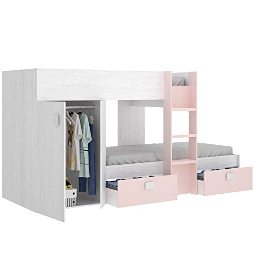 HABITMOBEL Cama Litera Juvenil con 2 cajones y 1 Armario Acabado Artic y Rosa Suave HABITMOBEL Cama Litera Juvenil con 2 cajones y 1 Armario Acabado Artic y Rosa Suave
