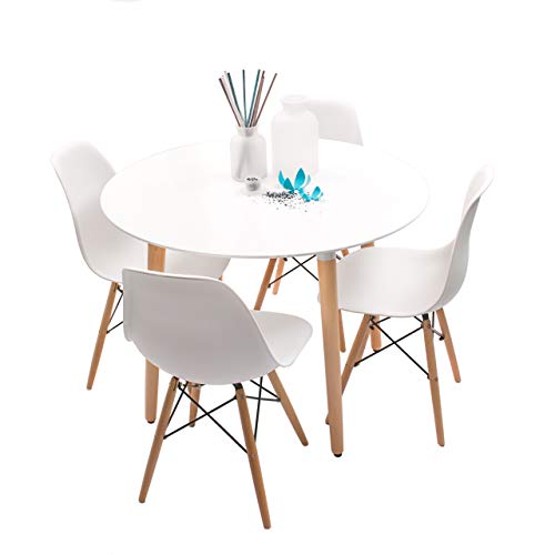 Homely - Conjunto de Comedor NORDIK-MAX Mesa Redonda de 100 cm lacada Blanca y 4 sillas - Blanco