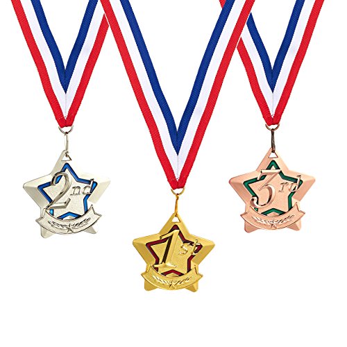 Juvale 3-Piece Set medallas de la concesión - Metal en Forma de Estrella de Oro, Plata, concursos de ortografía, de 3 Pulgadas de diámetro con 32 Pulgadas de la Cinta