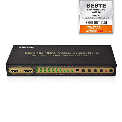 KanaaN Switch UHD-Matrix 6 entradas x 2 Salidas HDMI | Mando a Distancia | ARC y PIP (Picture in Picture) | Audio, SPDIF óptico y 3,5 mm, Stereo, Dolby 5.1 Surround | Compatibilidad Full HD, UHD, 4K, 4K*2K, HDMI 1.4 HDCP 2.0