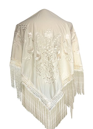 La Señorita Mantones bordados Flamenco Manton de Manila crema blanco con Flores Large La Señorita Mantones bordados Flamenco Manton de Manila crema blanco con Flores Large