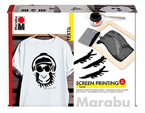 Marabu- Set de impresión Textiles claros y Oscuros con 100 ml de Color Negro, un Marco de colador, una rasqueta y un Cuchillo de Pintura carbón (MR1703000000082)
