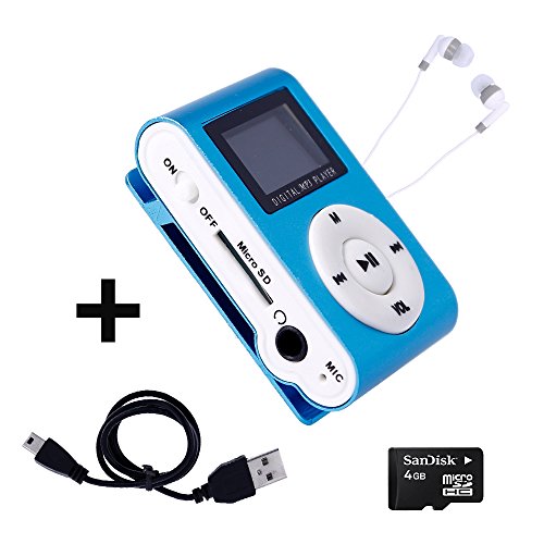 Mini Reproductor MP3 con Pantalla LCD y Enganche de Clip + Tarjeta de 4Gb + Cable de Carga + Auricular Blanco, Music Player Azul