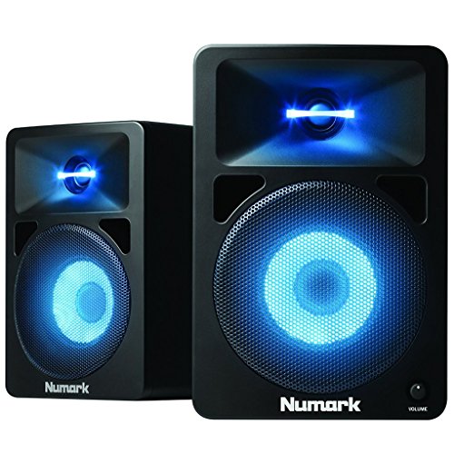 Numark N-Wave 580L - Monitores de DJ de Sobremesa Compactos de Rango Completo y 40 W con Iluminación LED RGB en Tweeter y Woofer, 3 Ajustes de Color, Control de Volumen Dedicado y Entradas RCA