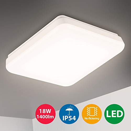 Oeegoo LED Lampara de techo 18W, IP54 Impermeable Plafon LED de techo, 1400Lm lamparas de techo habitacion baño dormitorio cocina balcón pasillo sala de estar comedor, blanco natural 4000K