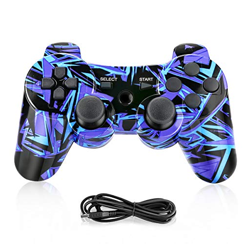 Powcan Mando Inalámbrico PS3, Bluetooth PS3 Gamepad Controller Doble vibración Mando a Distancia Joystick para Playstation 3 y PC Windows 7/8/9/10 con Cable de Carga USB (Azul)