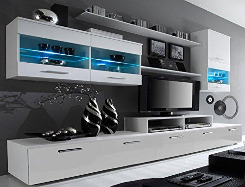 SelectionHome - Mueble salón Comedor Moderno con Leds, Acabado en Blanco Mate y Blanco Brillo Lacado, Medidas: 250x194x42 cm de Fondo SelectionHome - Mueble salón Comedor Moderno con Leds, Acabado en Blanco Mate y Blanco Brillo Lacado, Medidas: 250x194x42 cm de Fondo