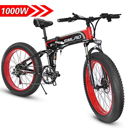 1000W Bicicleta eléctrica para Hombre Mountain Mountain Ebike 21 Velocidades 26 Pulgadas Fat Tire Road Bicycle Beach/Snow Bike con Freno de Disco hidráulico y Horquilla (Rojo)