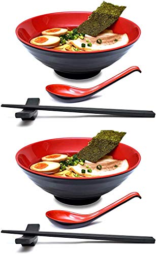 2 juegos (8 piezas) 34 onzas de tazón de sopa de fideos ramen japoneses Vajilla Juego de tazón de ramen con cuchara a juego y palillos para fideos asiáticos Udon Soba Pho (2, rojo, 8.5 pulgadas)
