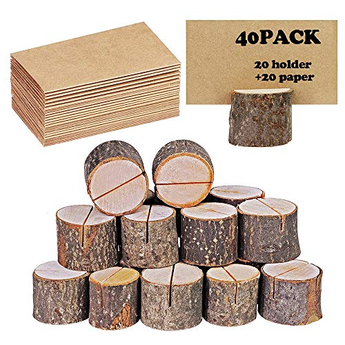 40 portatarjetas rústico de madera con soporte de madera para tarjetas de mesa, soporte para tarjetas de números, soporte para tarjetas de notas, para bodas (20 soportes + 20 lugares de papel kraft)