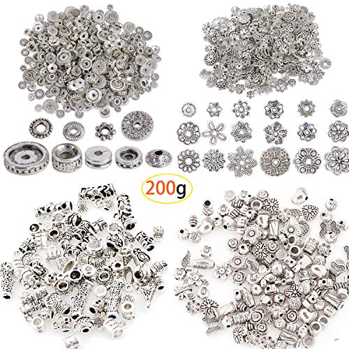 Accesorios Colgantes de Plata Tibetana,Cuentas Espaciadoras de Metal Tibetanas, 4 Estilos, Abalorios, fFlores y Otros Accesorios,Accesorios de Bricolaje para Joyería(200G)